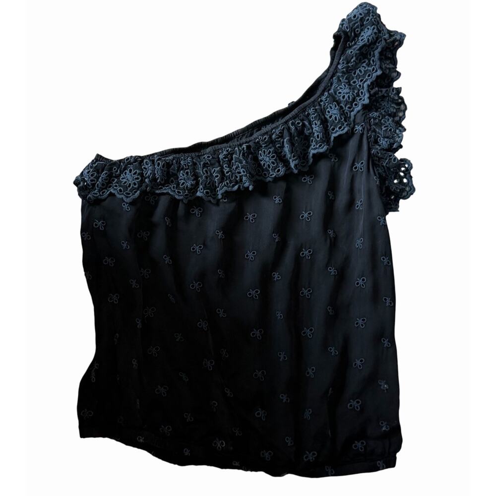Free People Women's One Shoulder Ruffle Eyelet Floral Top Blue Black Size Small